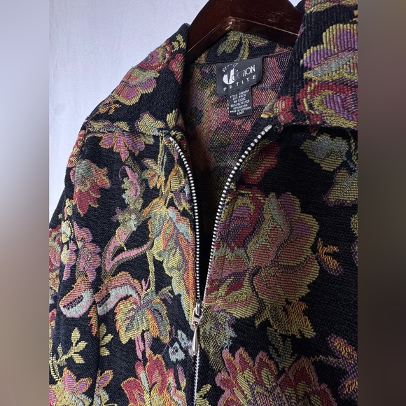 Vintage Jacket Womens Size 10 Petite Black Floral Cottage Core Jacquard Tapestry - Picture 3 of 5